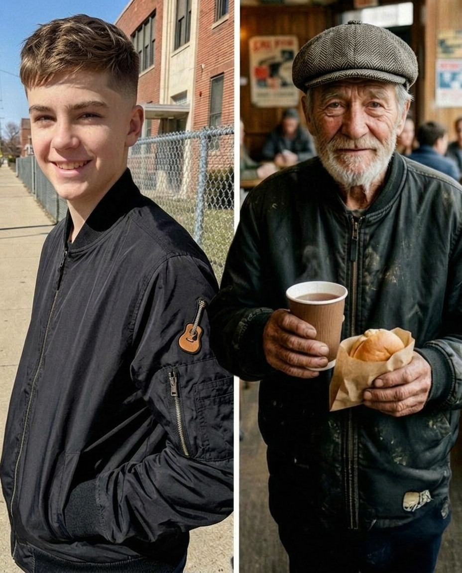 Bijna een jaar nadat mijn tienerzoon was verdwenen, zag ik een dakloze man een café binnenlopen met de jas van mijn zoon aan – de jas die ik zelf had gerepareerd. Toen hij zei dat een jongen hem de jas had gegeven, volgde ik hem naar een verlaten huis. Wat ik daar ontdekte, veranderde alles wat ik dacht te weten over de verdwijning van mijn zoon.