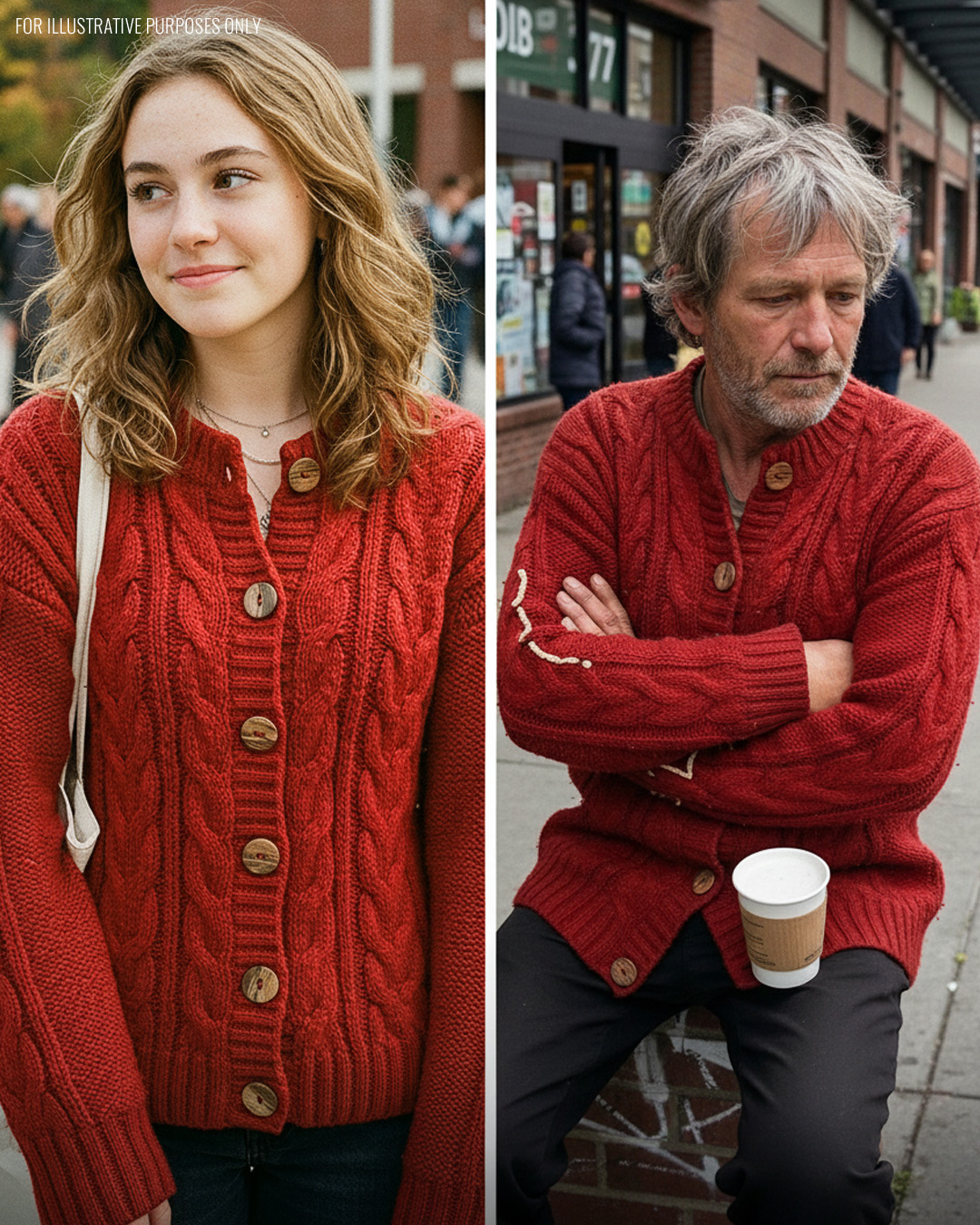 Ik zag een dakloze man buiten de supermarkt die de handgebreide rode trui van mijn vermiste dochter droeg – zijn bekentenis van vier woorden deed me mijn boodschappen laten vallen van schrik.