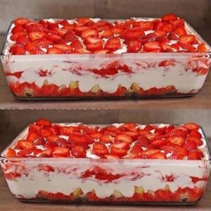 Ik meng 1 kg aardbeien met mascarpone om aardbeientiramisu te maken.