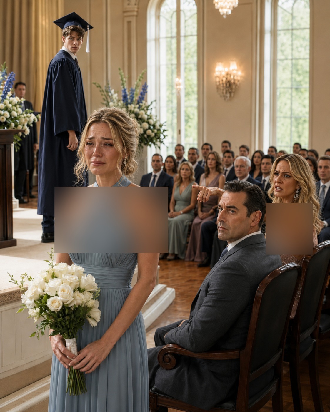 Ik kwam naar de diploma-uitreiking van mijn zoon met bloemen in mijn handen en een hart vol trots, maar de nieuwe vrouw van mijn ex-man vernederde me voor ieders ogen door te zeggen: “Die plek is gereserveerd voor de echte familie.”