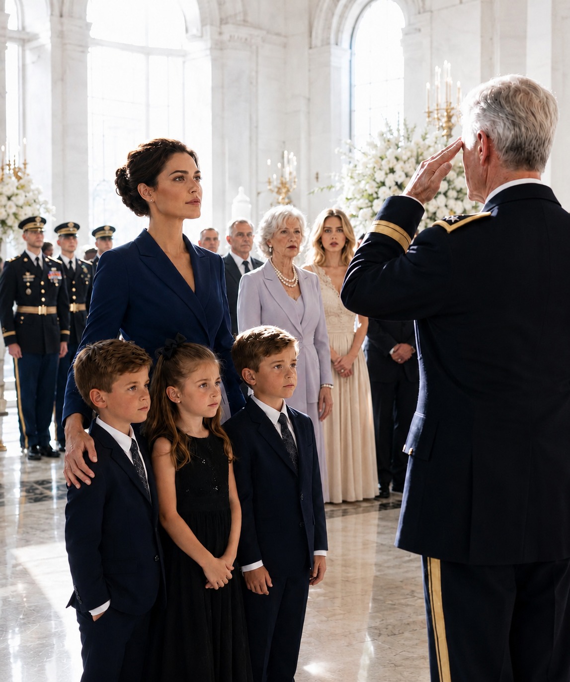 Bij de militaire begrafenis van mijn ex-man zat zijn zwangere maîtresse vooraan, terwijl zijn familie haar behandelde als de weduwe. Maar toen de generaal met de opgevouwen vlag naar voren kwam, liep hij langs haar heen, stopte voor mij en onze drieling en bracht een saluut. “Kapitein,” zei hij, zodat iedereen het kon horen. Wat er vervolgens gebeurde, schokte de hele begraafplaats.