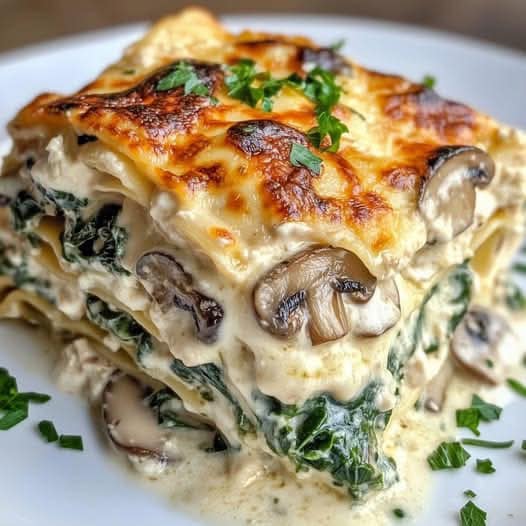 Romige lasagne met 800 g spinazie en 500 g champignons
